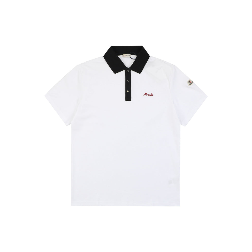 Moncler Signature Script Logo Contrast Collar Short Sleeve Polo Shirt — White / Black