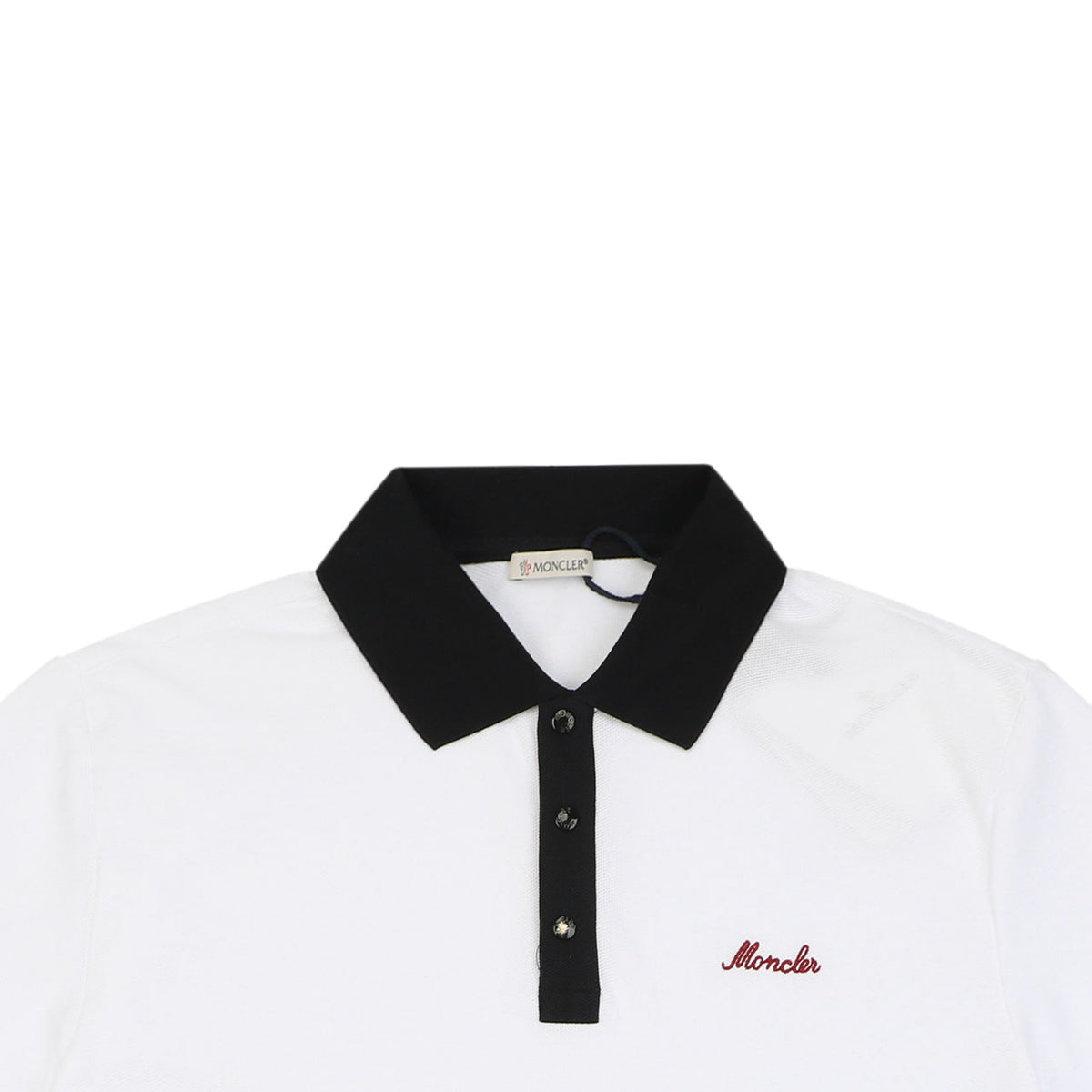 Moncler Signature Script Logo Contrast Collar Short Sleeve Polo Shirt — White / Black