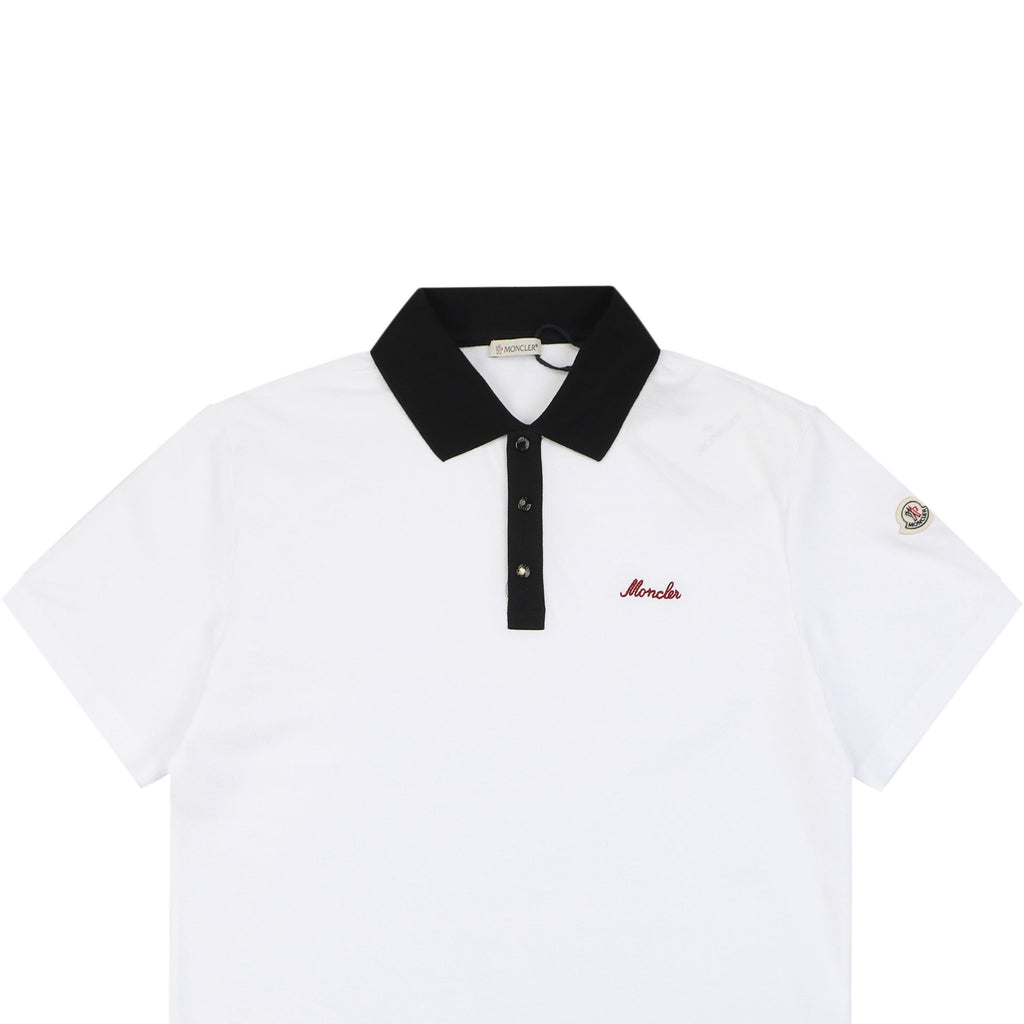 Moncler Signature Script Logo Contrast Collar Short Sleeve Polo Shirt — White / Black