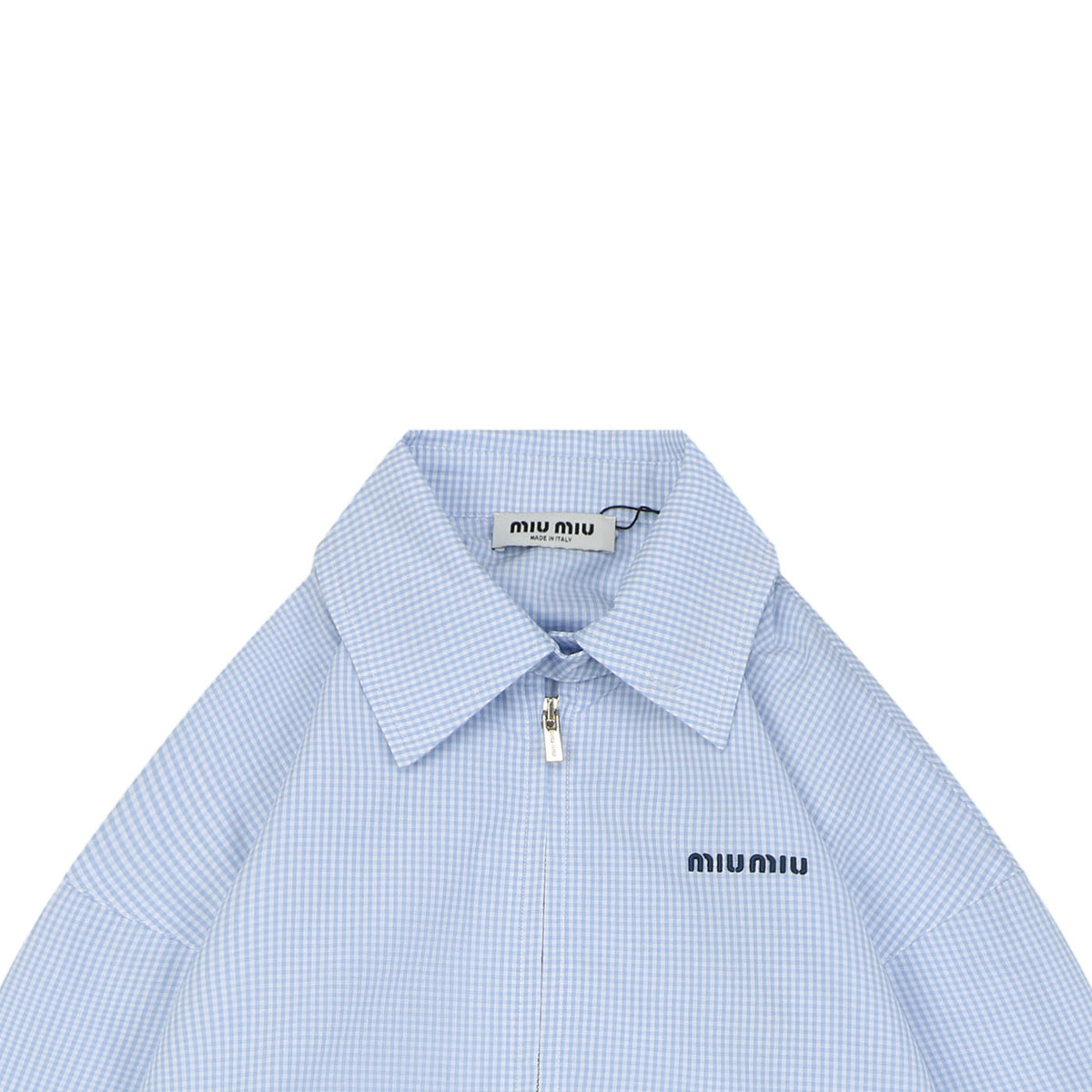 Miu Miu Light Blue Fine Check Zip-Up Blouson Jacket