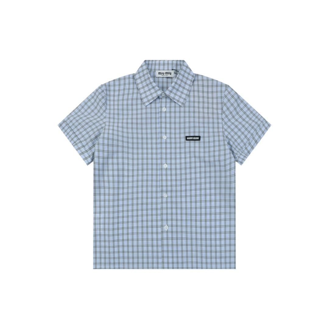 Miu Miu Blue Grey Fine Check Short Sleeve Shirt