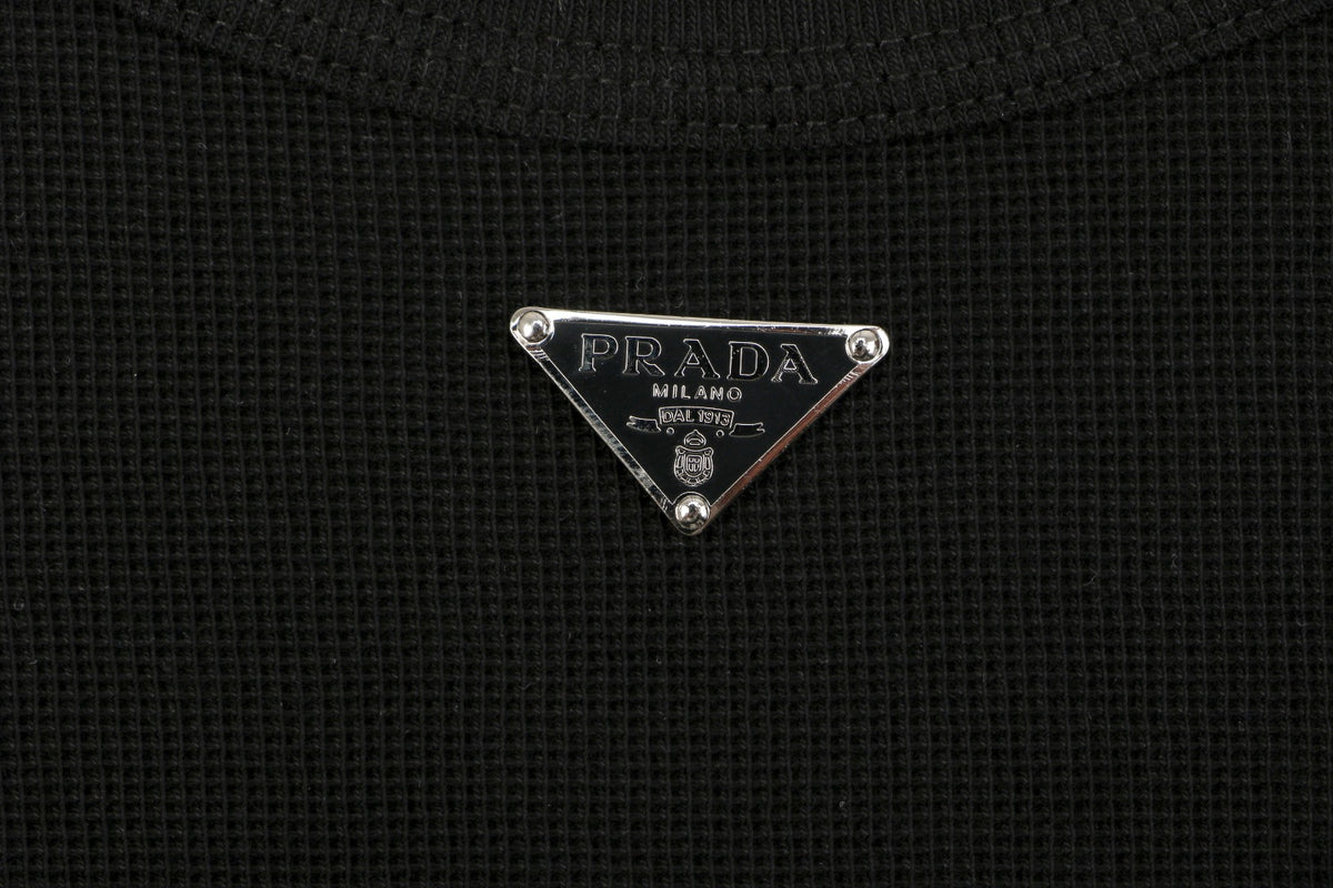 Prada Triangle Logo Waffle-Knit Short Sleeve T-Shirt — Black