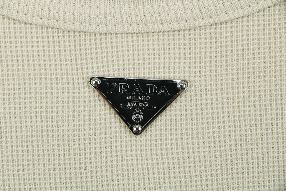 Prada Triangle Logo Waffle-Knit Short Sleeve T-Shirt — Stone