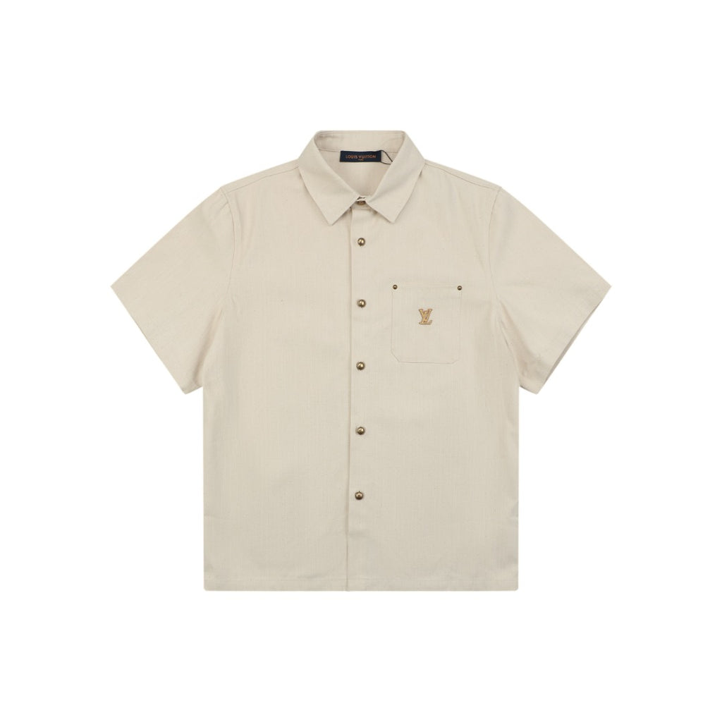 Louis Vuitton Pocket Monogram Leather Patch Denim Short Sleeve Shirt — Ecru
