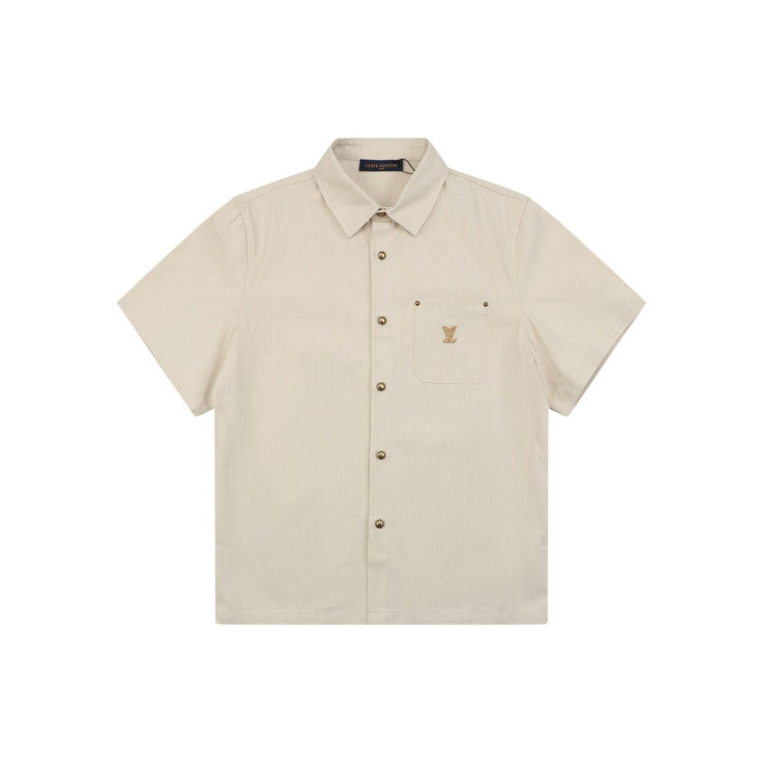 Louis Vuitton Pocket Monogram Leather Patch Denim Short Sleeve Shirt — Ecru