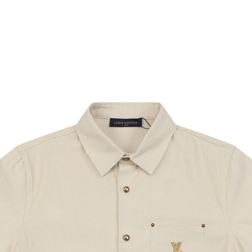 Louis Vuitton Pocket Monogram Leather Patch Denim Short Sleeve Shirt — Ecru