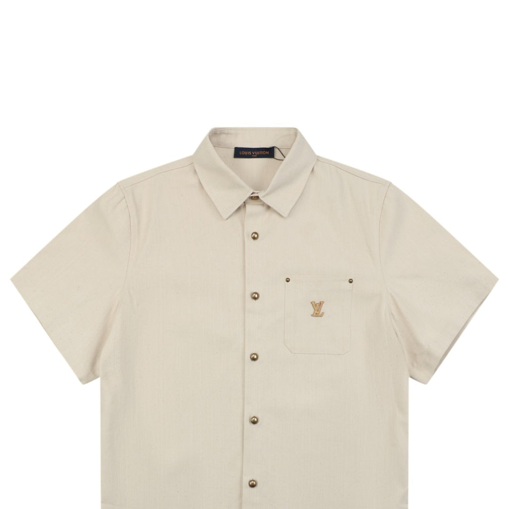 Louis Vuitton Pocket Monogram Leather Patch Denim Short Sleeve Shirt — Ecru