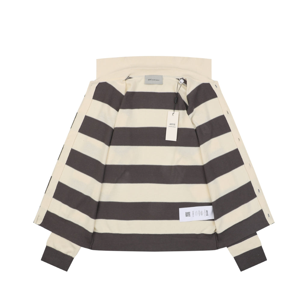 AMI Paris Playful Heart Stripe Polo Collar Button Cardigan Sweater - Grey & Ecru