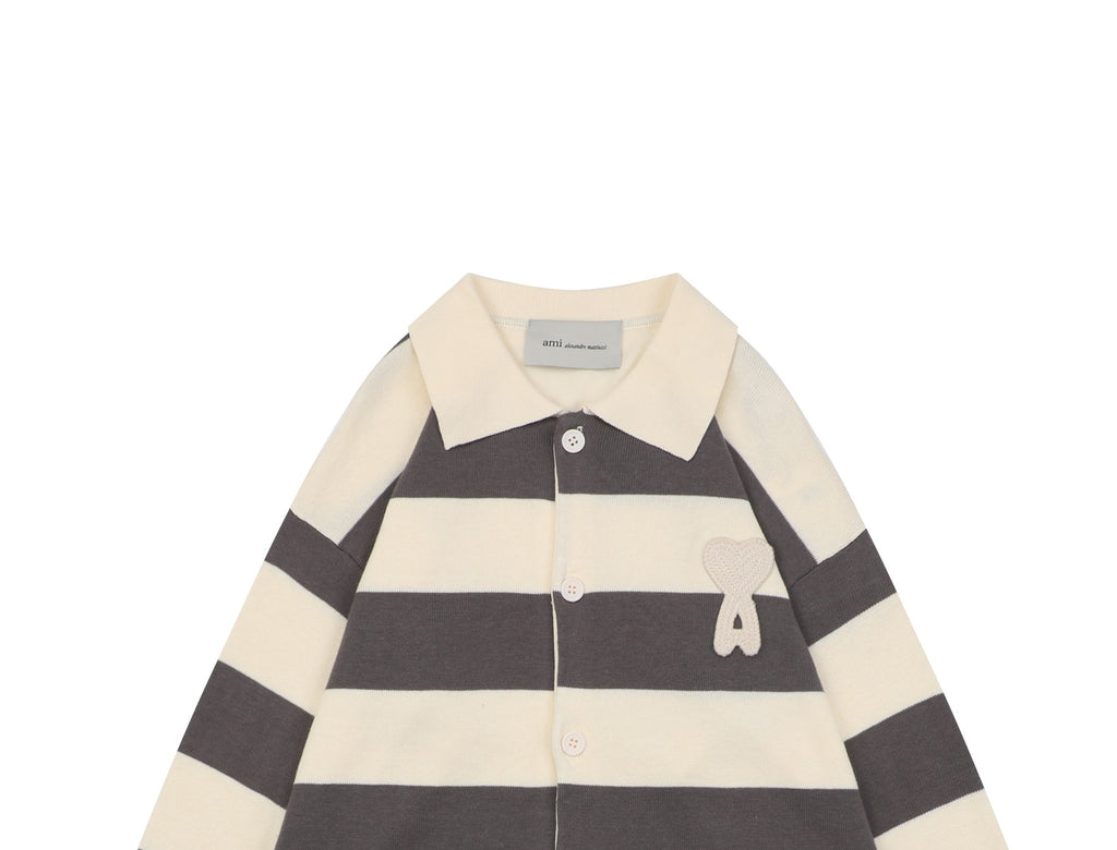 AMI Paris Playful Heart Stripe Polo Collar Button Cardigan Sweater - Grey & Ecru