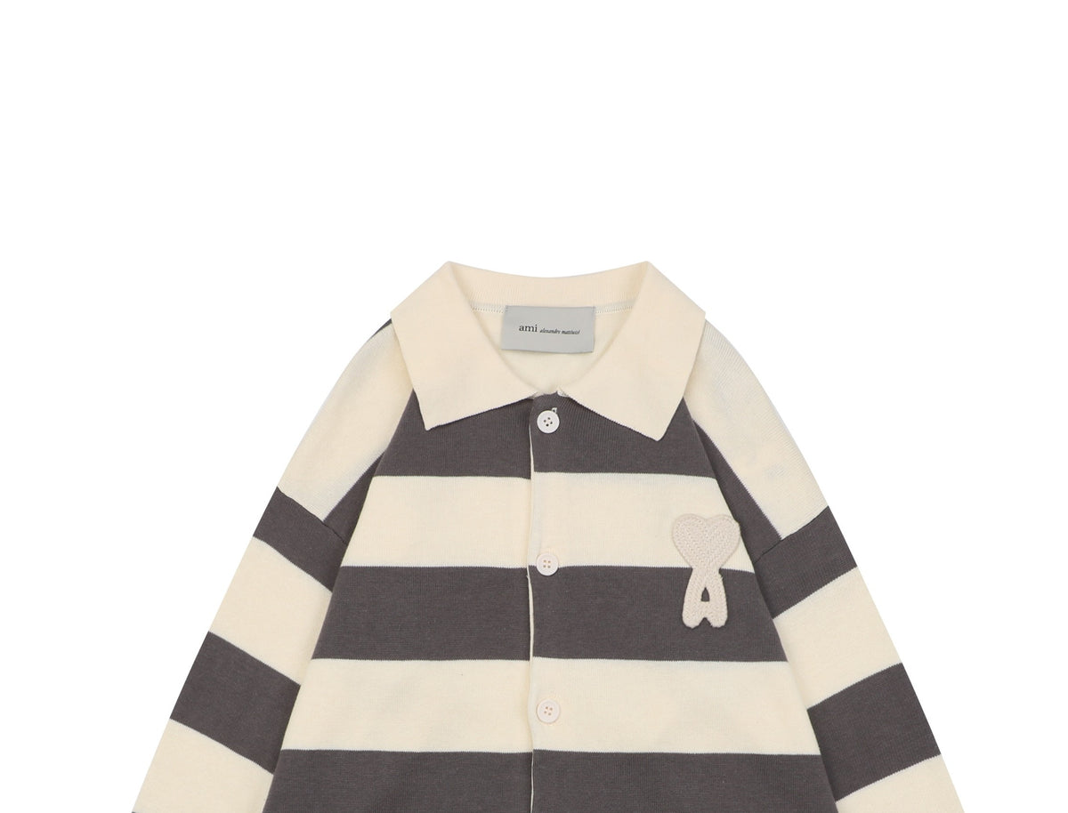 AMI Paris Playful Heart Stripe Polo Collar Button Cardigan Sweater - Grey & Ecru