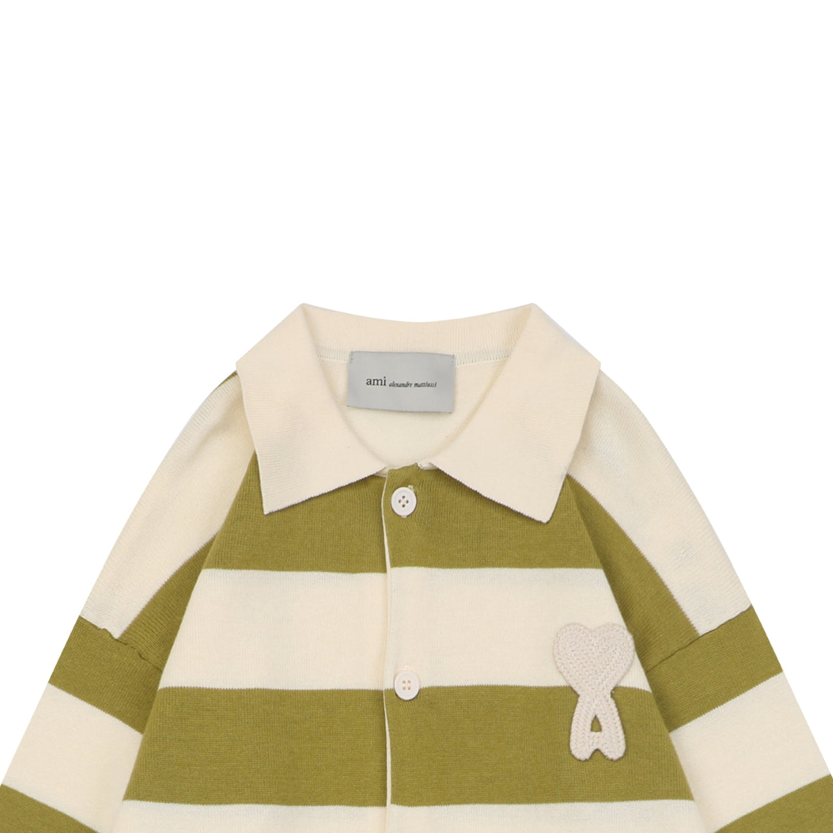 AMI Paris Playful Heart Stripe Polo Collar Button Cardigan Sweater - Olive & Ecru