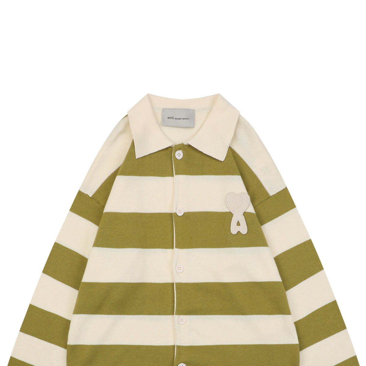 AMI Paris Playful Heart Stripe Polo Collar Button Cardigan Sweater - Olive & Ecru