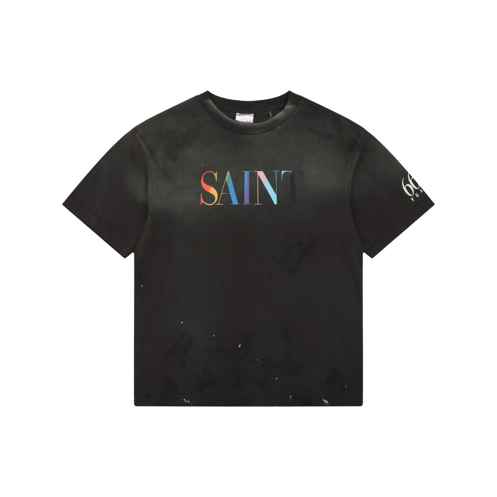 Saint Michael Rainbow SAINT Letter Print Short Sleeve T-Shirt - Black