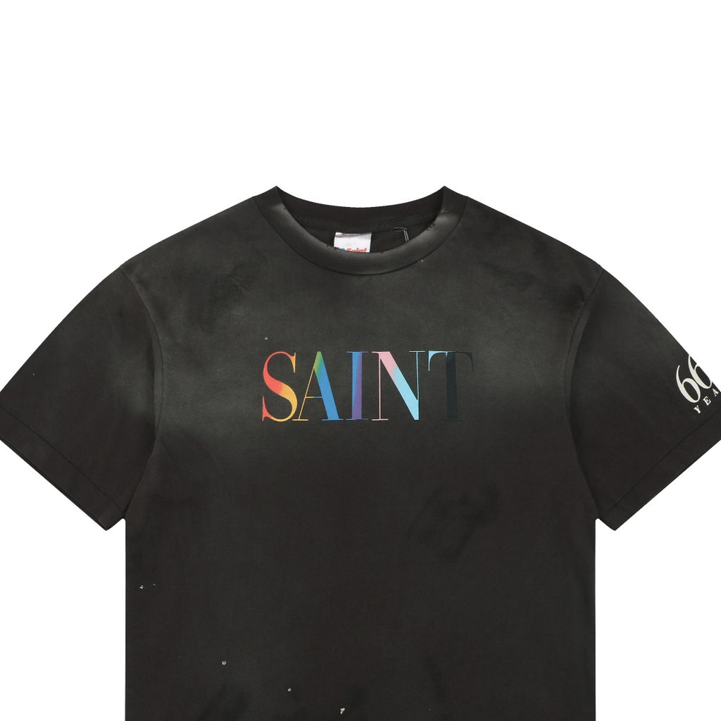 Saint Michael Rainbow SAINT Letter Print Short Sleeve T-Shirt - Black
