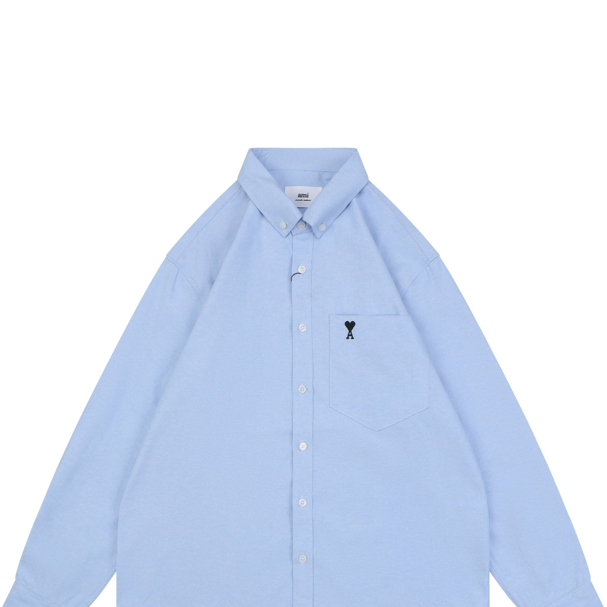 AMI Paris Pocket Black Heart Embroidery Long Sleeve Shirt - Sky Blue