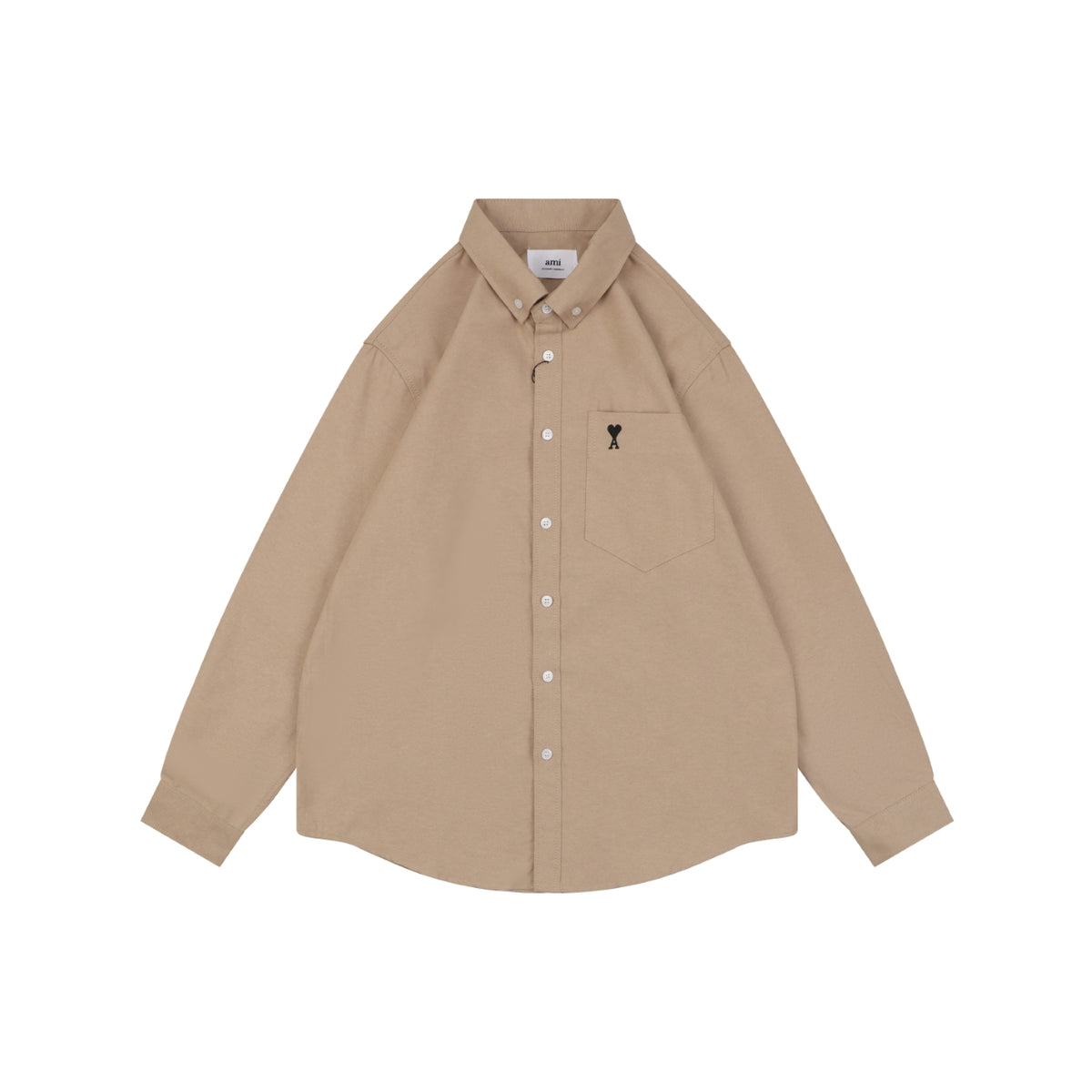 AMI Paris Pocket Black Heart Embroidery Long Sleeve Shirt - Khaki