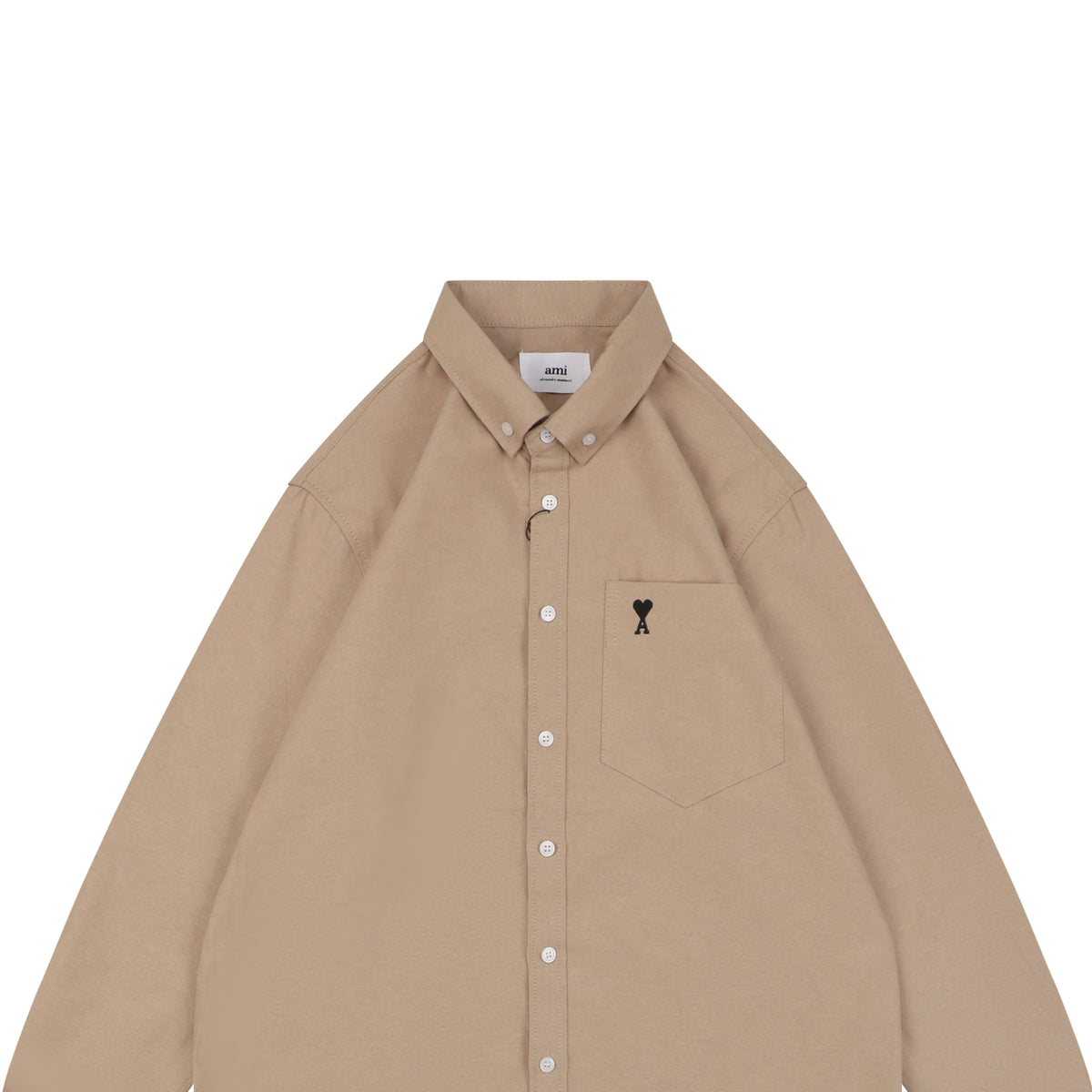 AMI Paris Pocket Black Heart Embroidery Long Sleeve Shirt - Khaki
