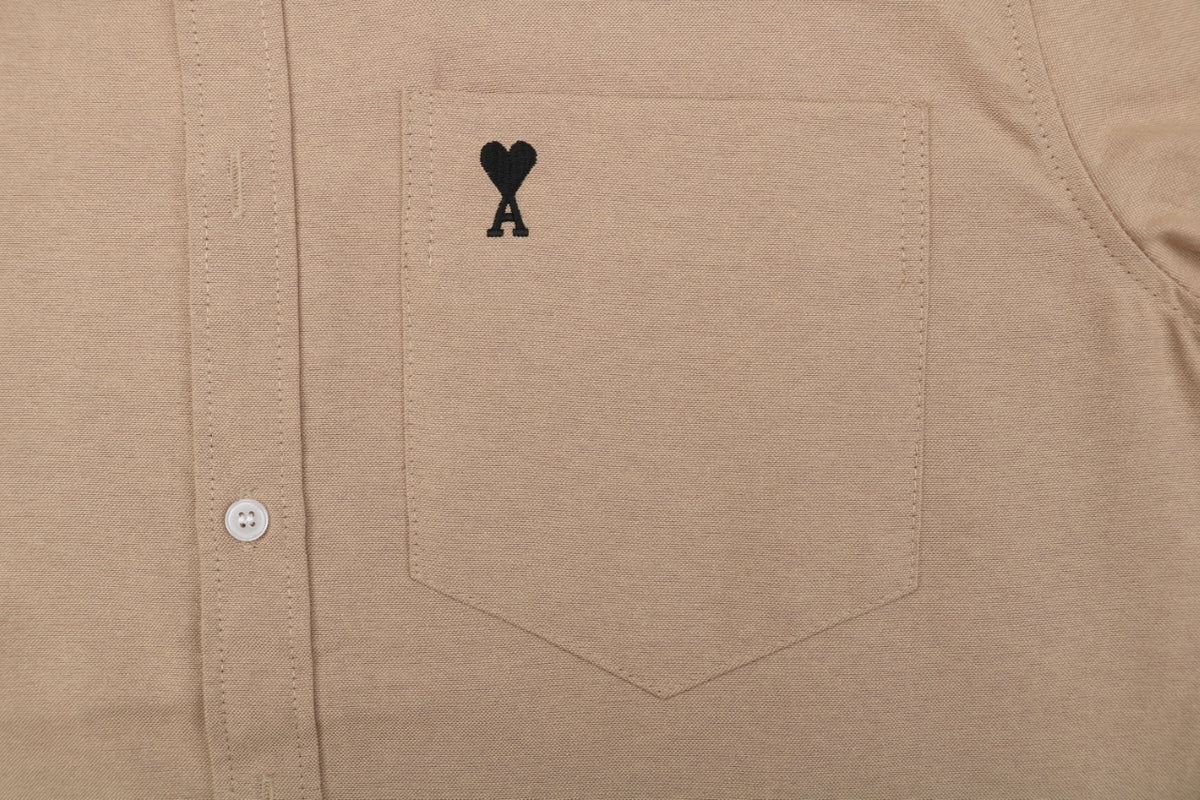 AMI Paris Pocket Black Heart Embroidery Long Sleeve Shirt - Khaki