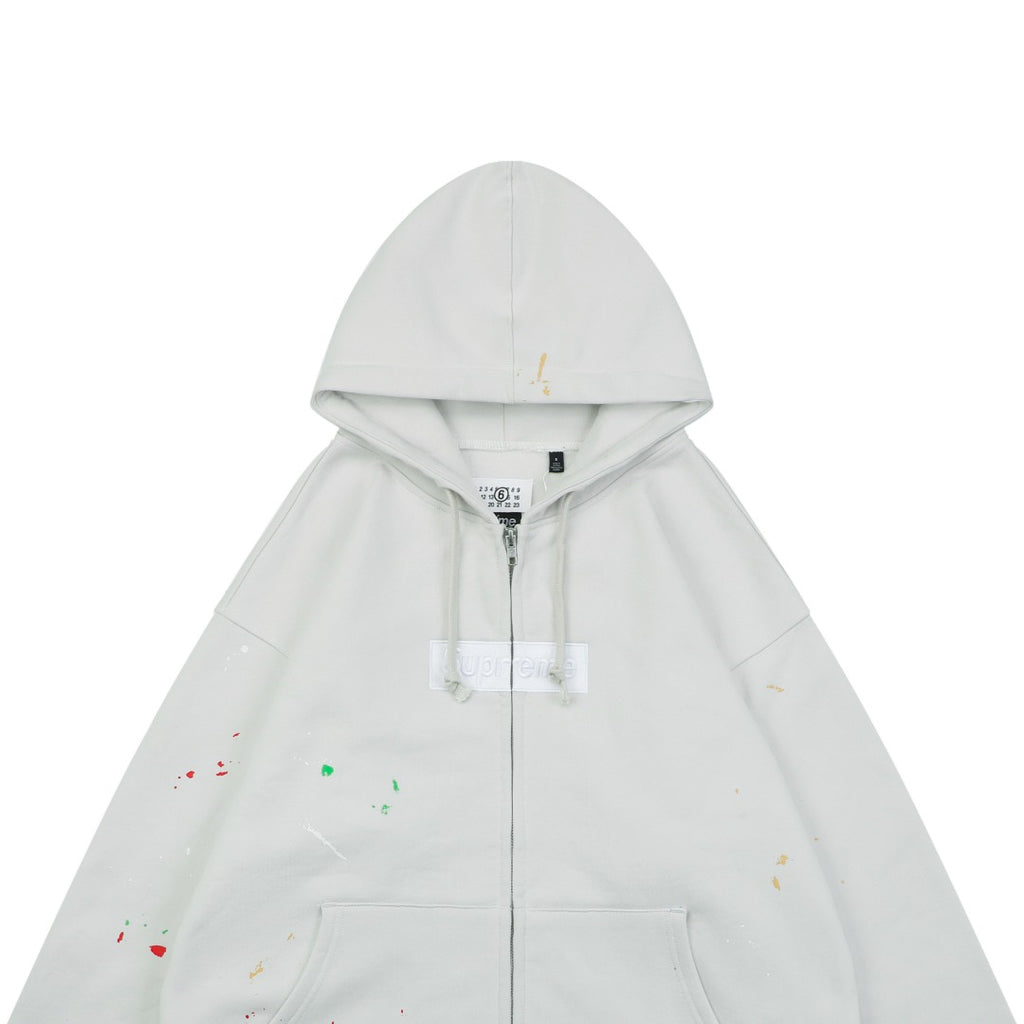 Supreme Collaboration Multicolor Paint Splatter Box Logo Zip Hoodie - Off White