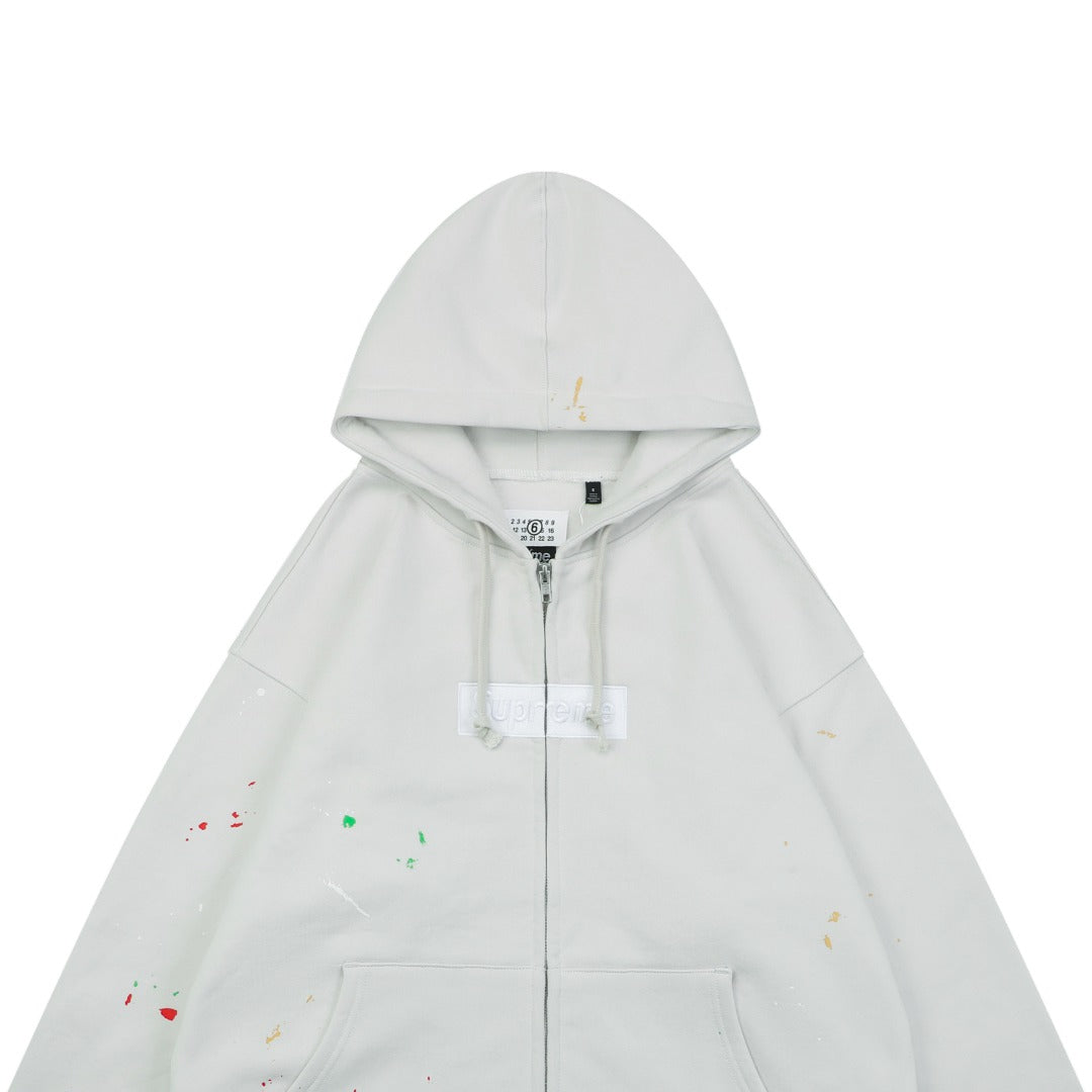 Supreme Collaboration Multicolor Paint Splatter Box Logo Zip Hoodie - Off White