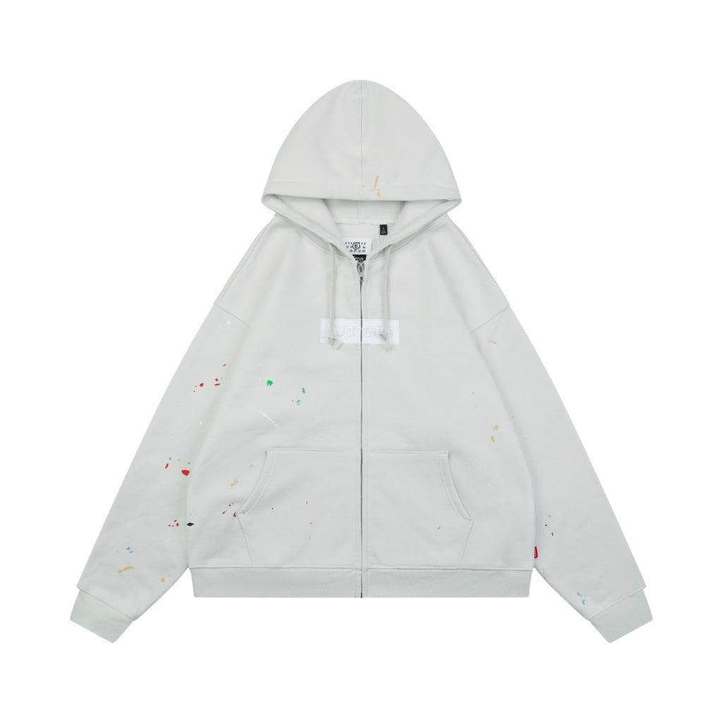 Supreme Collaboration Multicolor Paint Splatter Box Logo Zip Hoodie - Off White