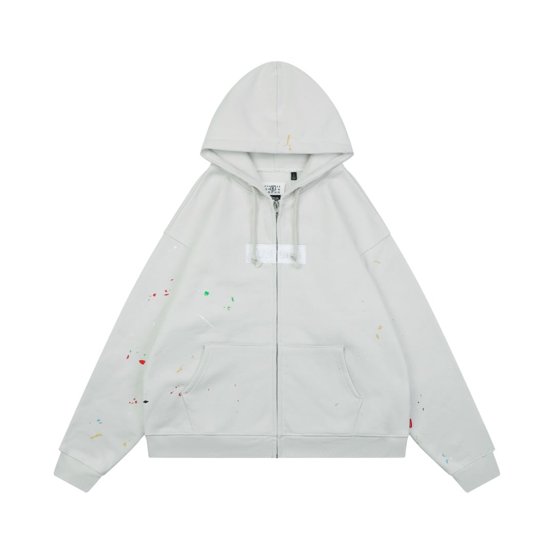 Supreme Collaboration Multicolor Paint Splatter Box Logo Zip Hoodie - Off White