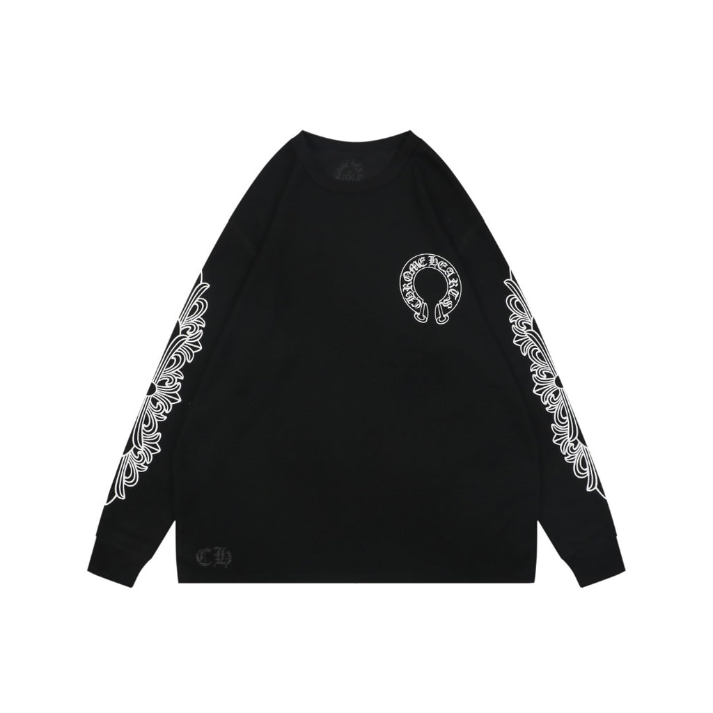 Chrome Hearts Waffle Knit Cross Floral Sleeve Sanskrit Scroll Print Long Sleeve T-Shirt - Black