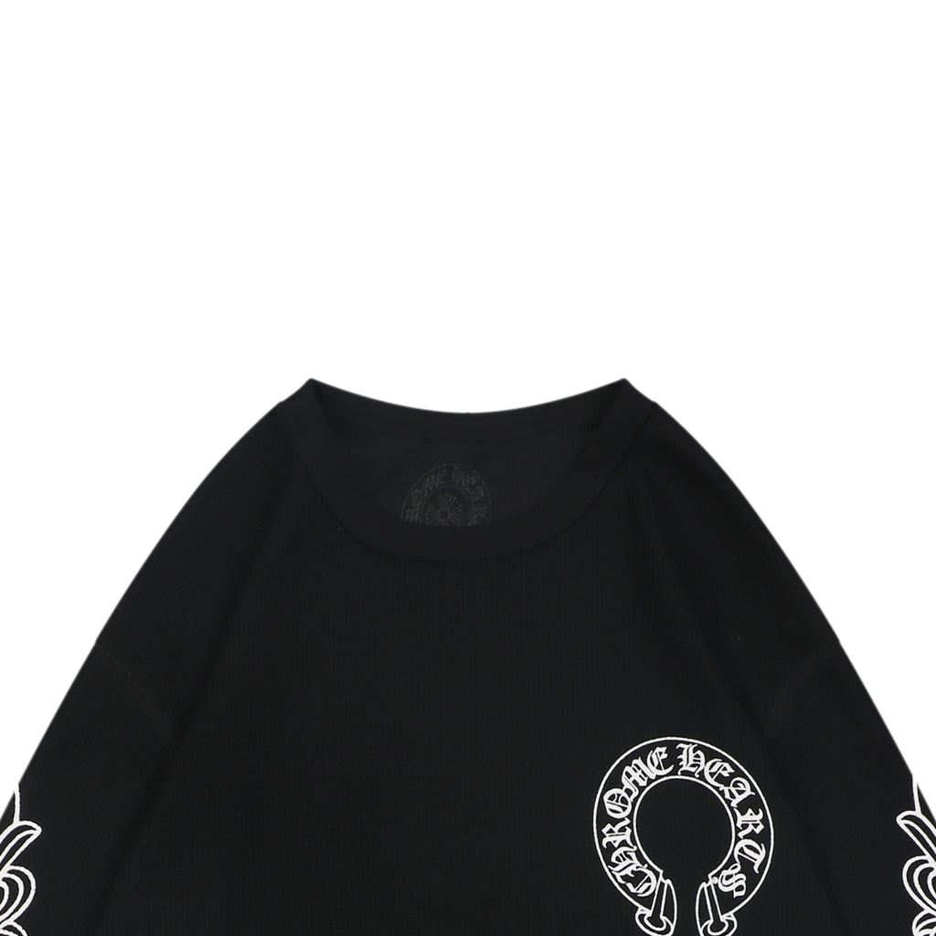 Chrome Hearts Waffle Knit Cross Floral Sleeve Sanskrit Scroll Print Long Sleeve T-Shirt - Black