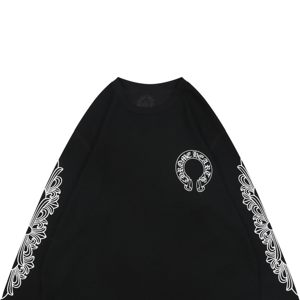 Chrome Hearts Waffle Knit Cross Floral Sleeve Sanskrit Scroll Print Long Sleeve T-Shirt - Black