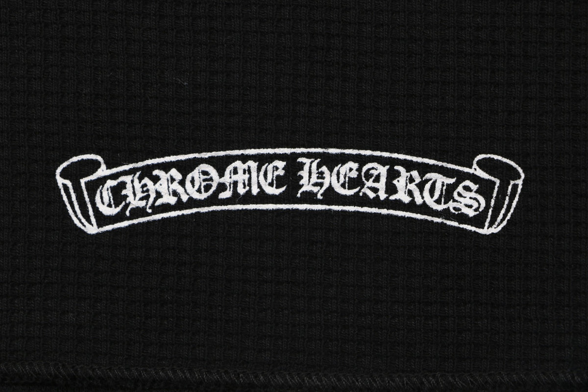 Chrome Hearts Waffle Knit Cross Floral Sleeve Sanskrit Scroll Print Long Sleeve T-Shirt - Black
