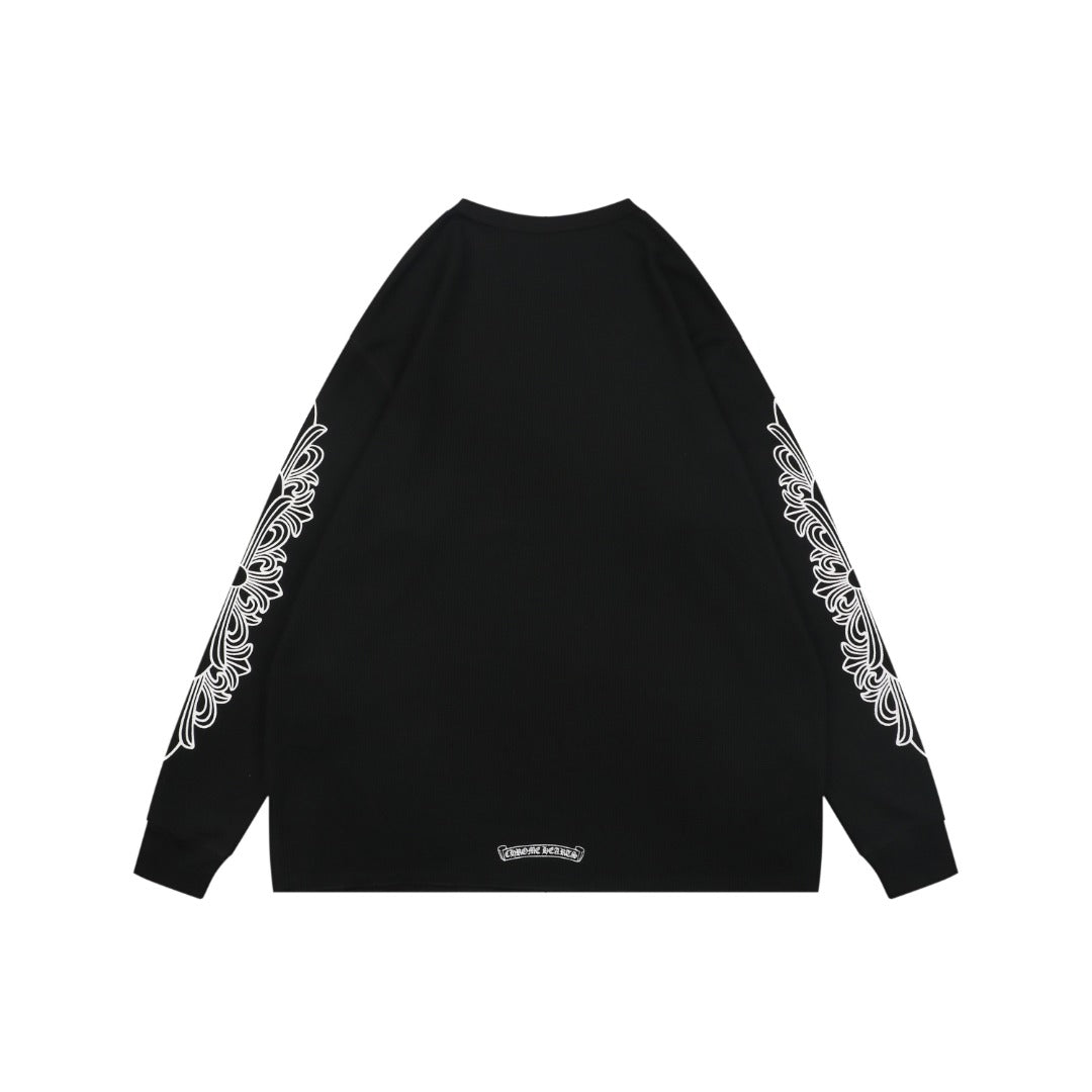Chrome Hearts Waffle Knit Cross Floral Sleeve Sanskrit Scroll Print Long Sleeve T-Shirt - Black