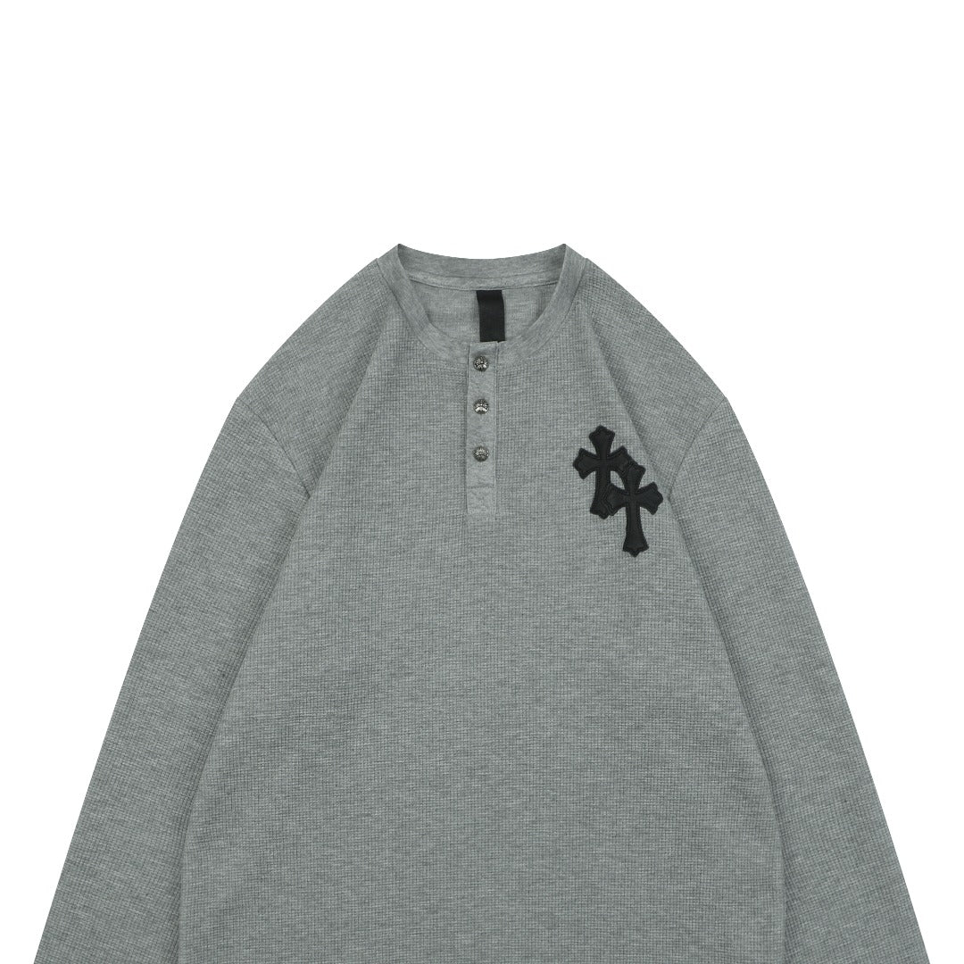 Chrome Hearts Cross Leather Patch Waffle Henley Long Sleeve Tee – Grey
