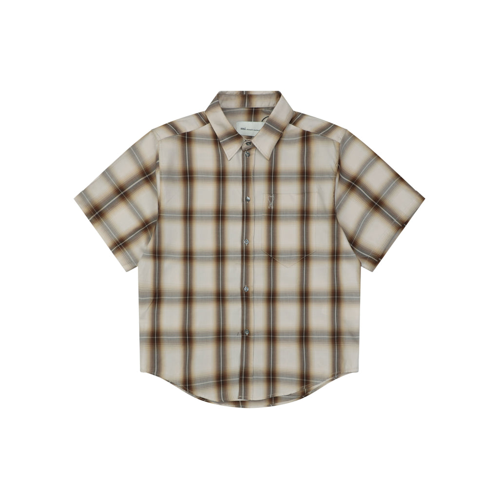 AMI Paris Coeur Brown Plaid Short Sleeve Shirt