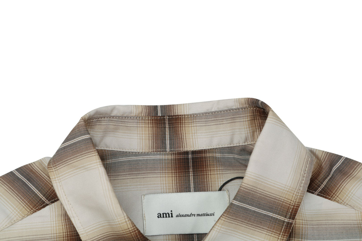 AMI Paris Coeur Brown Plaid Short Sleeve Shirt