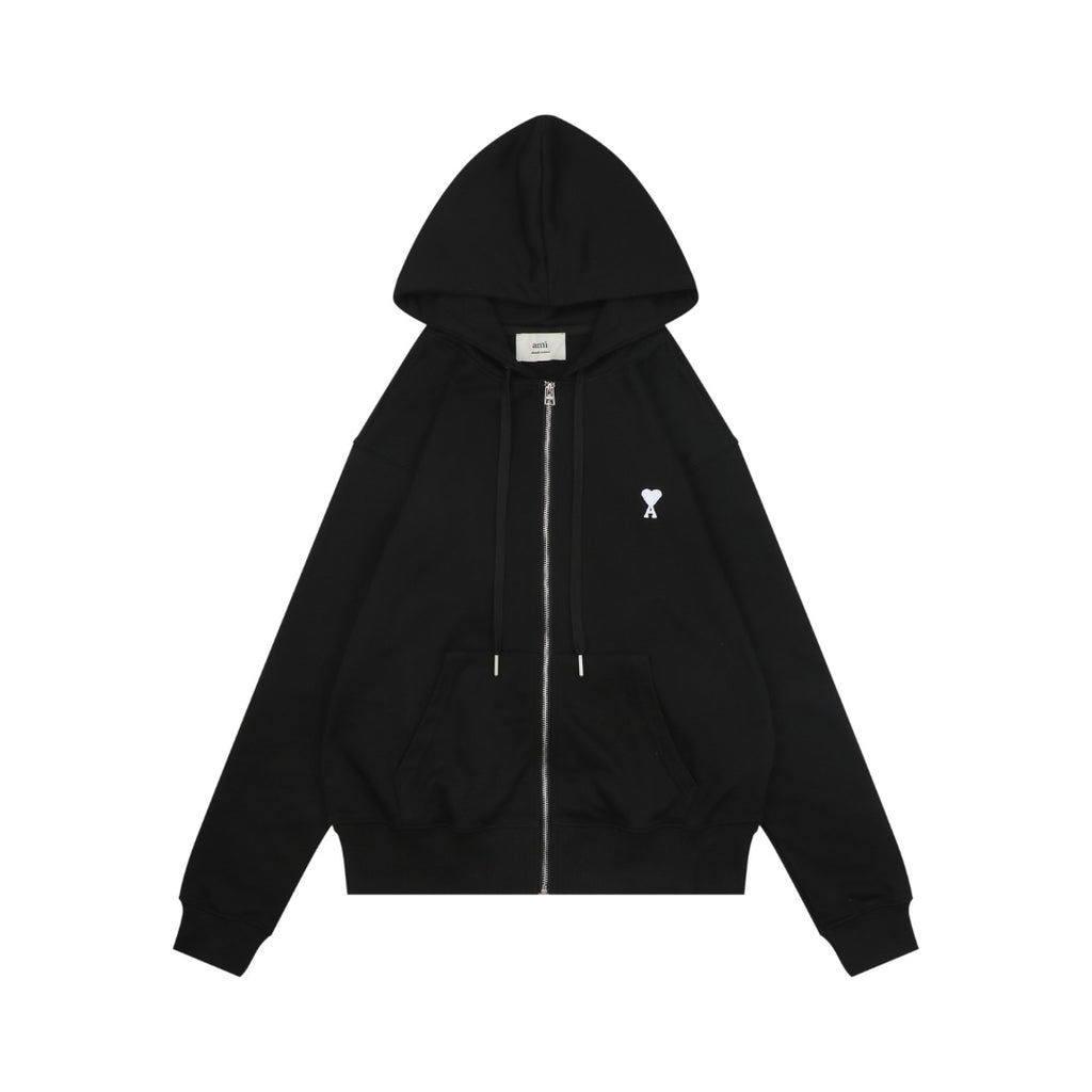 AMI Paris Small Heart Embroidered Zip-Up Hoodie – Black/White
