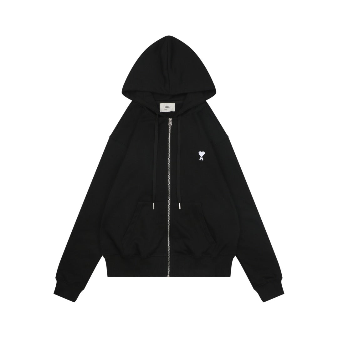AMI Paris Small Heart Embroidered Zip-Up Hoodie – Black/White