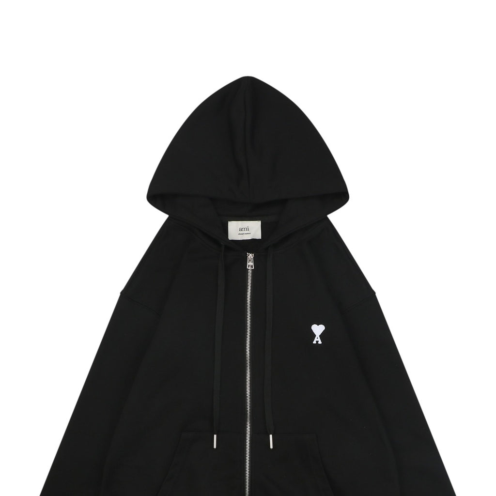 AMI Paris Small Heart Embroidered Zip-Up Hoodie – Black/White