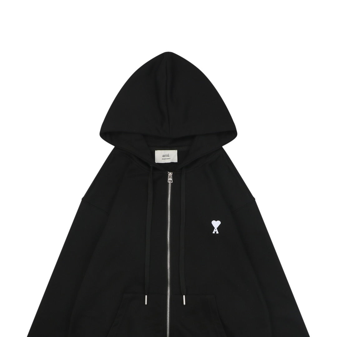 AMI Paris Small Heart Embroidered Zip-Up Hoodie – Black/White
