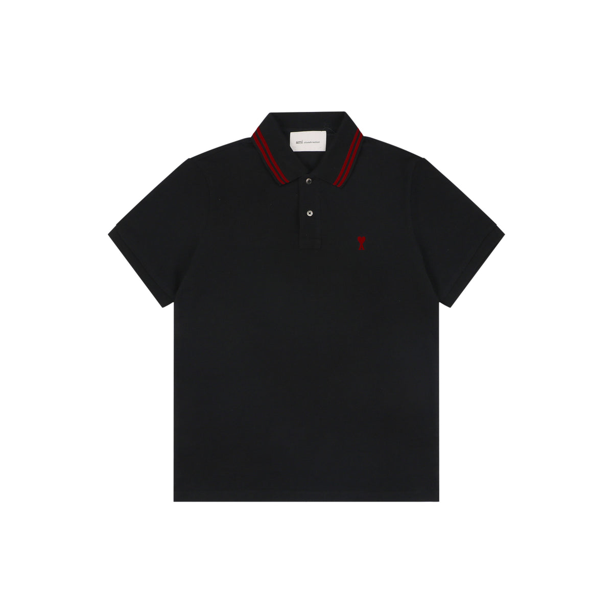 Ami Paris Heart Logo Contrast Collar Polo Shirt – Black