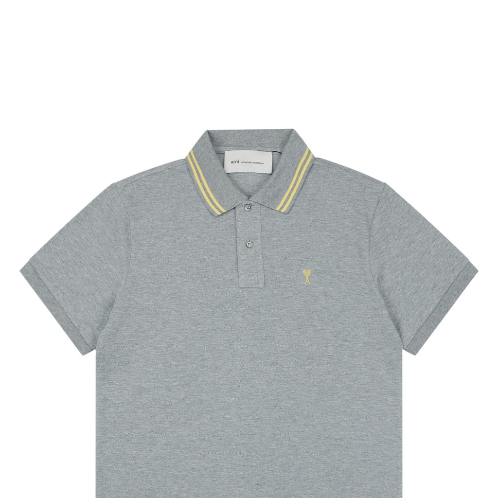 Ami Paris Heart Logo Contrast Collar Polo Shirt – Grey