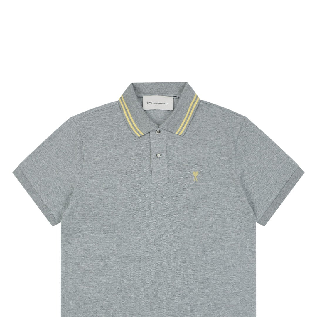 Ami Paris Heart Logo Contrast Collar Polo Shirt – Grey