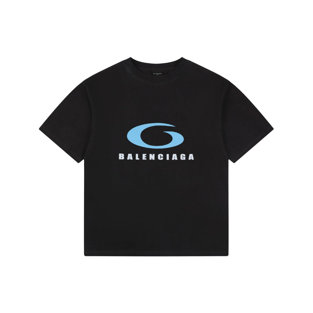 Balenciaga Blue Oval Logo Print Short Sleeve T-Shirt – Black