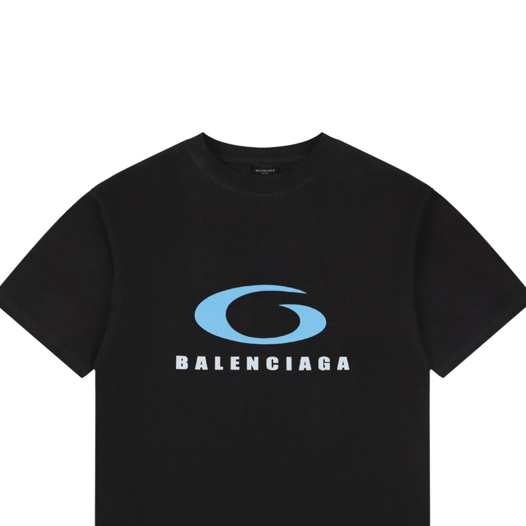 Balenciaga Blue Oval Logo Print Short Sleeve T-Shirt – Black