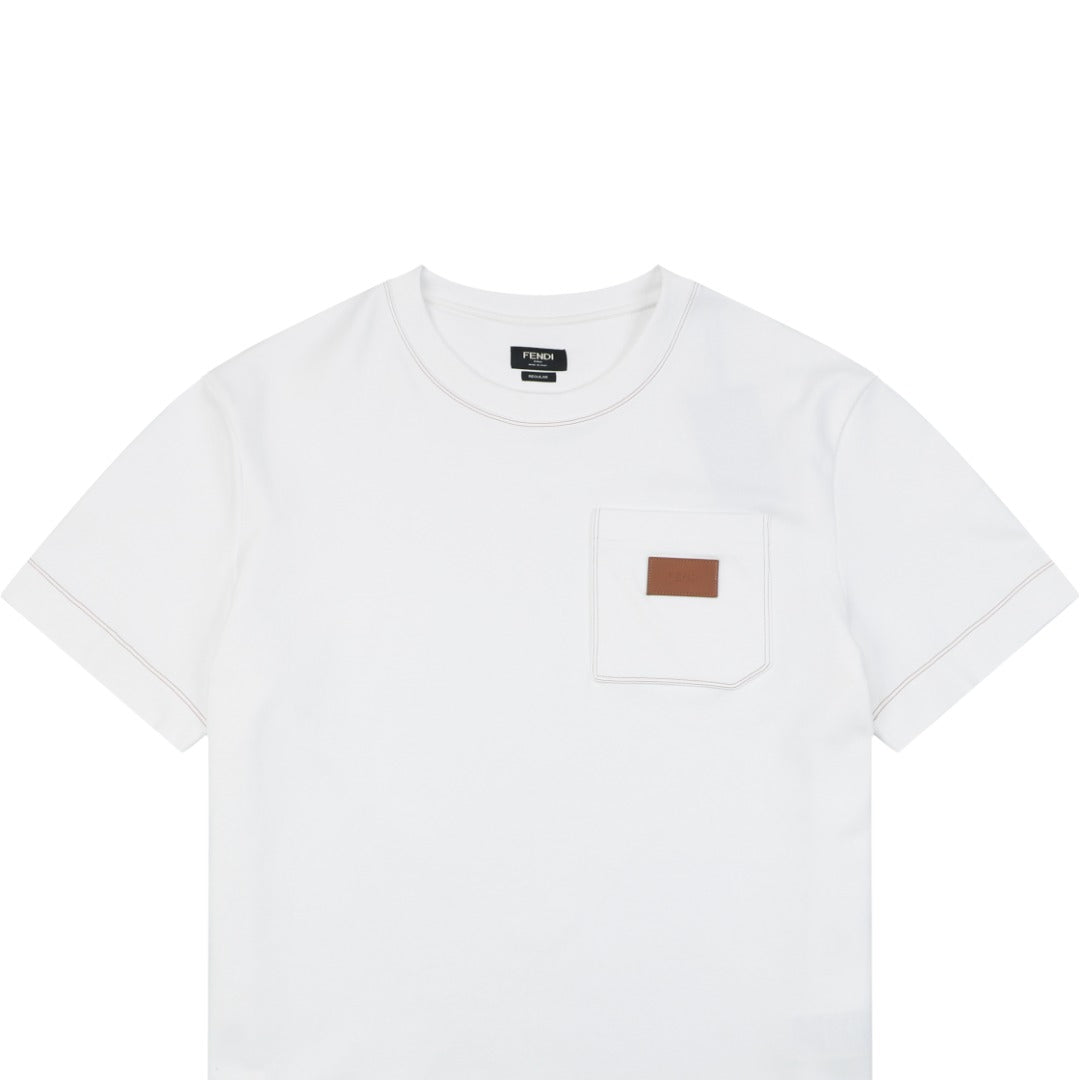 Fendi FD Pocket Leather Patch Topstitch Short Sleeve T-Shirt – White