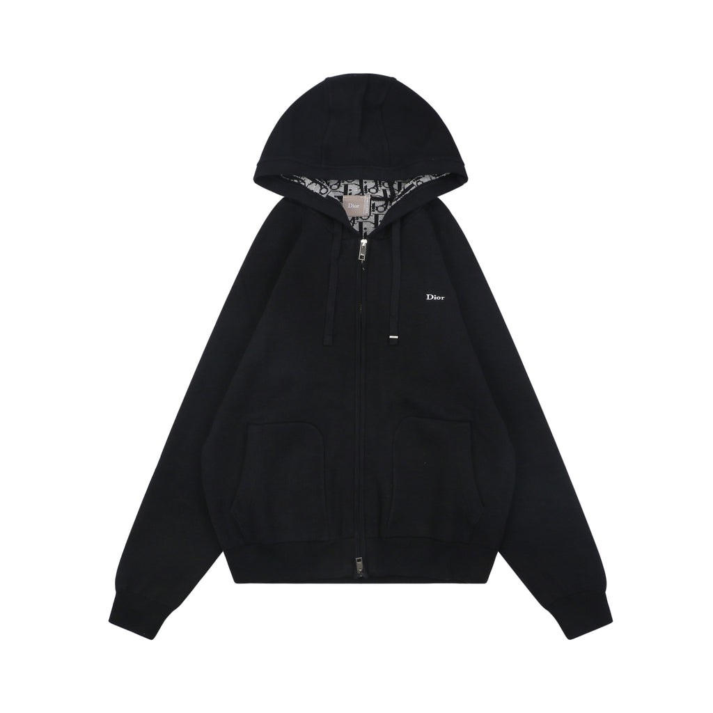 Dior Mini Logo Flat-Drawstring Zip-Up Hoodie Jacket — Navy
