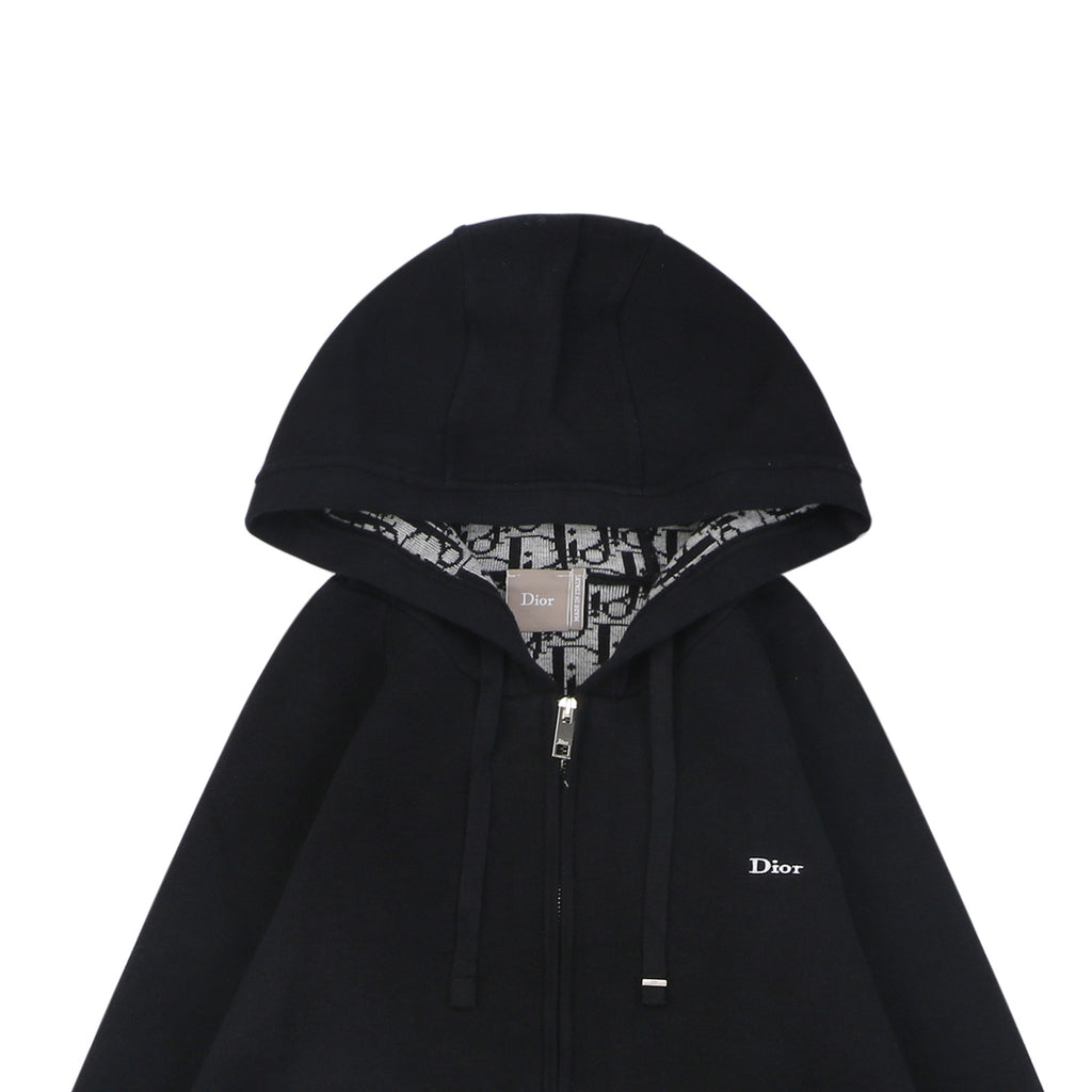 Dior Mini Logo Flat-Drawstring Zip-Up Hoodie Jacket — Navy