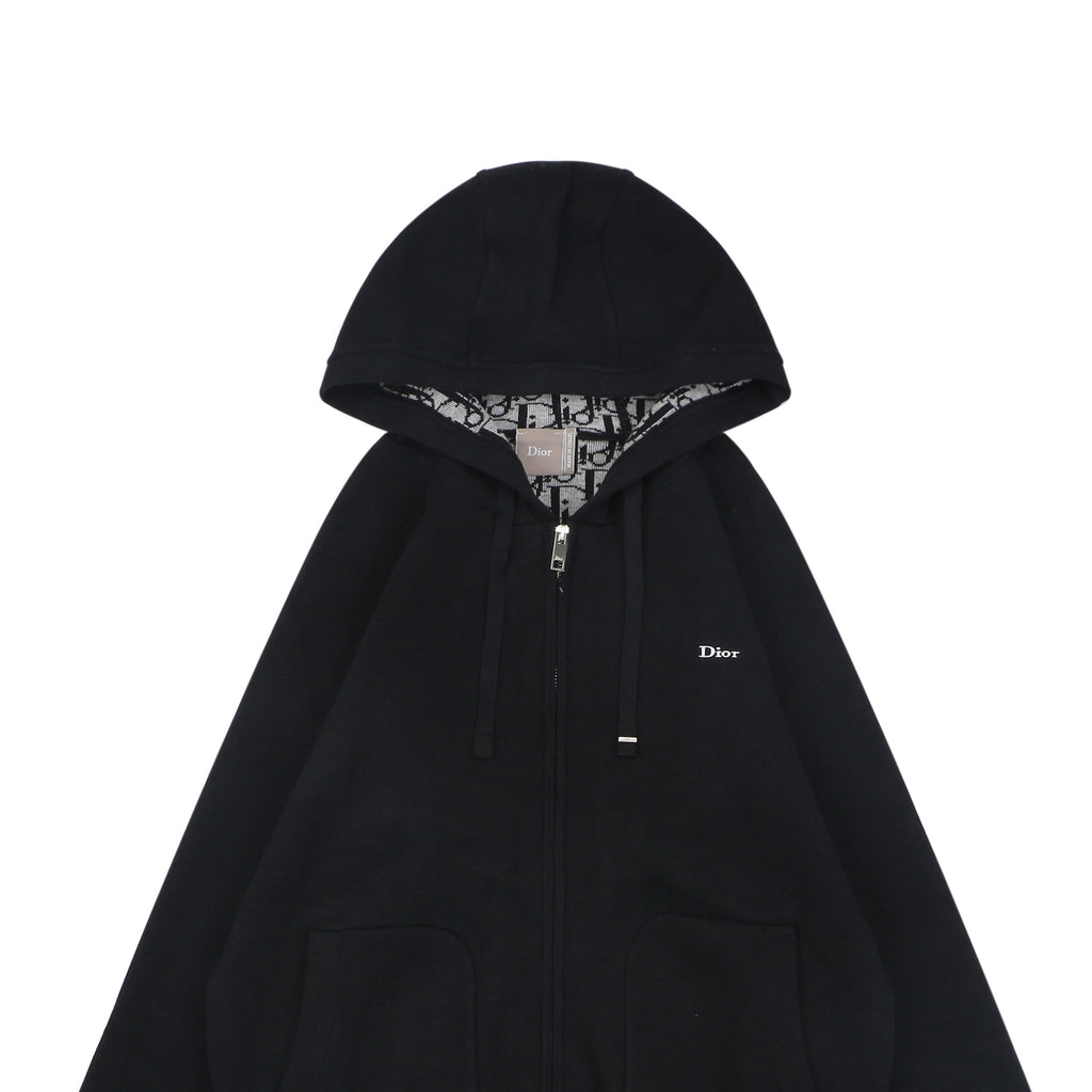 Dior Mini Logo Flat-Drawstring Zip-Up Hoodie Jacket — Navy
