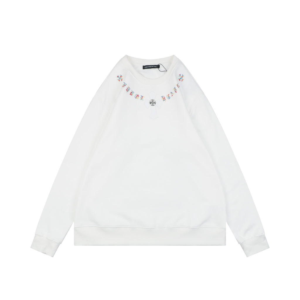 Chrome Hearts Colorful Sanskrit Neckline Embroidery Crewneck Sweatshirt — White
