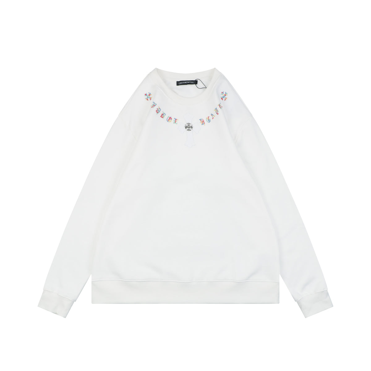Chrome Hearts Colorful Sanskrit Neckline Embroidery Crewneck Sweatshirt — White