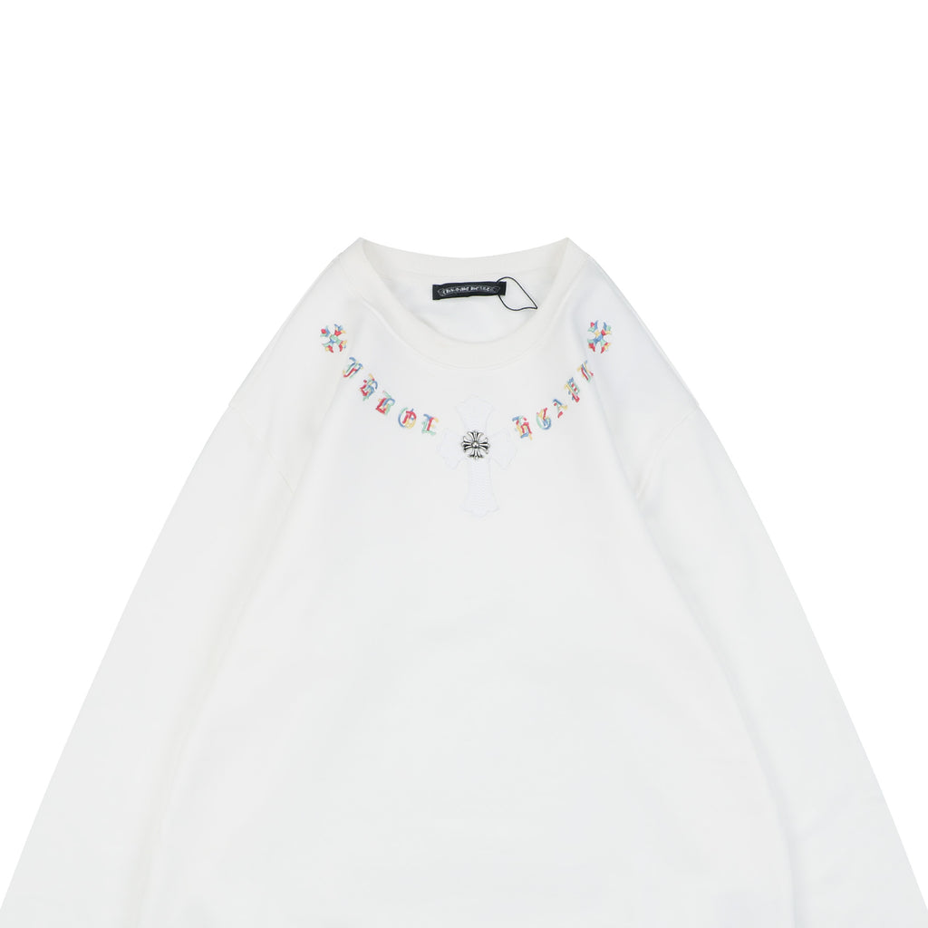 Chrome Hearts Colorful Sanskrit Neckline Embroidery Crewneck Sweatshirt — White
